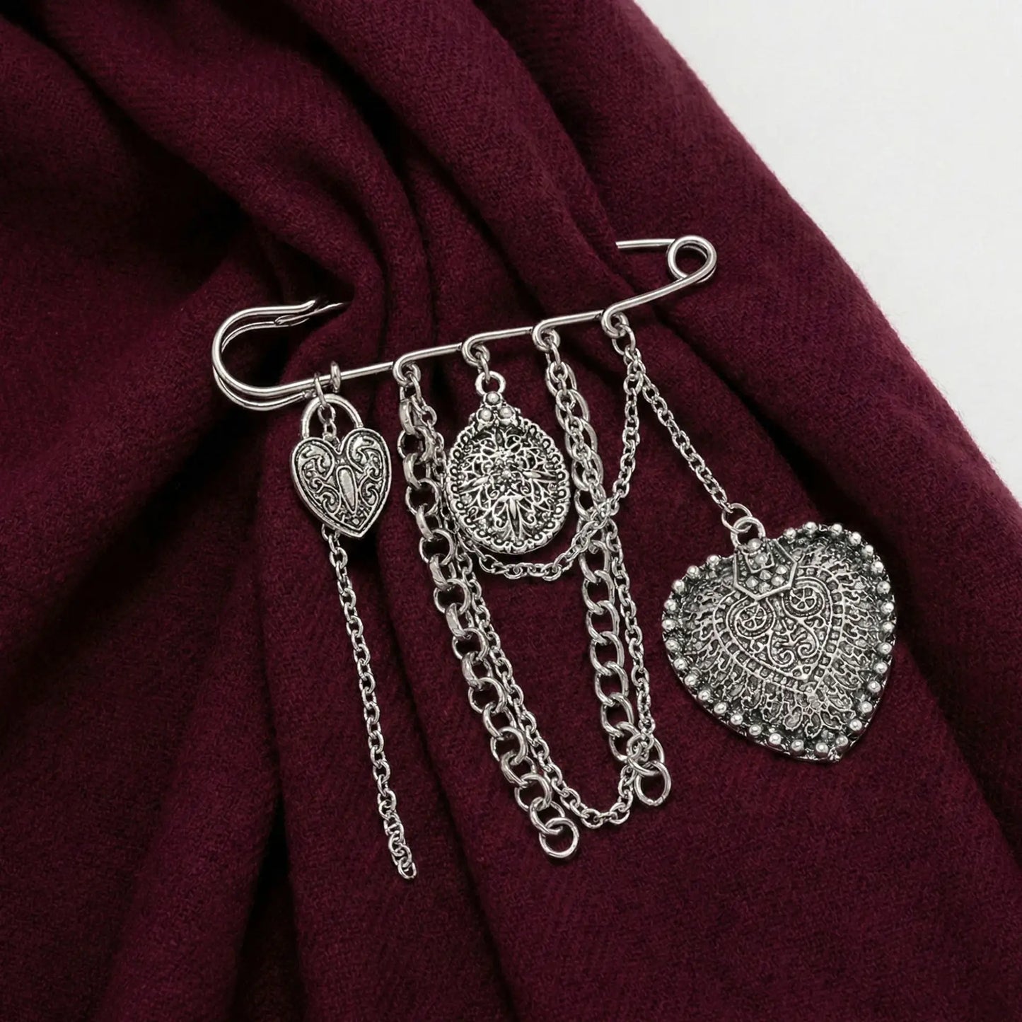 Gothic Heart Safety Pin Brooch with Layered Chains and Tassel Details