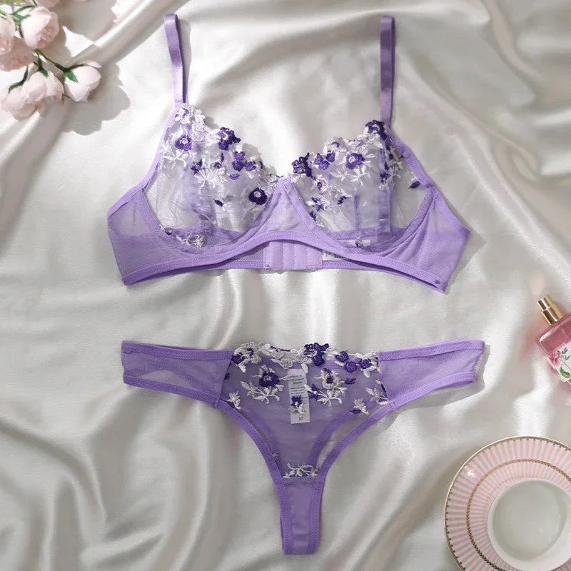 Purple Floral Embroidered Lingerie Set with Detailed Underwire Bra and Matching Brief