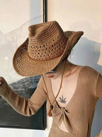 Women's Woven Straw Cowboy Hat with Breathable Open Weave for Summer Outdoor Style