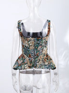 Multicolored Floral Tapestry Tank Top with Peplum Hem and Wide Straps