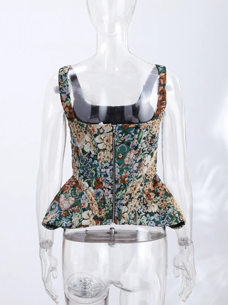 Multicolored Floral Tapestry Tank Top with Peplum Hem and Wide Straps
