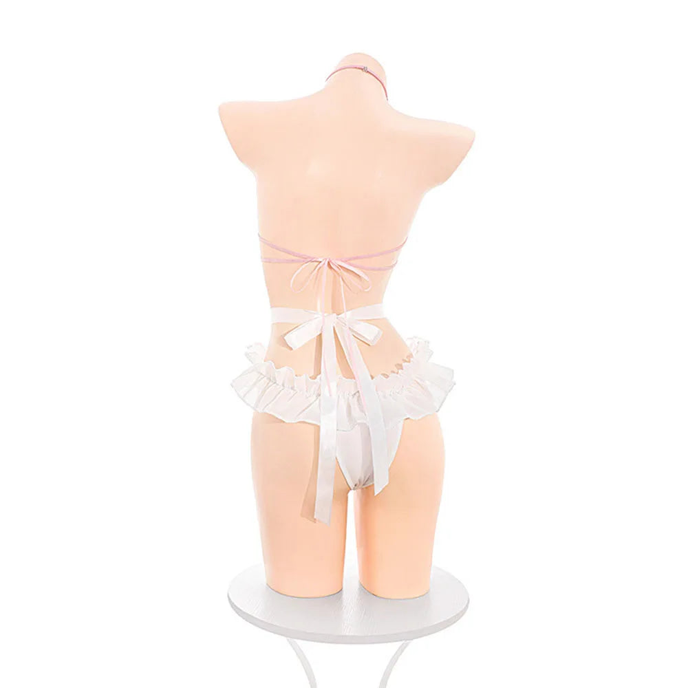 Playful White Keyhole Bodysuit with Fluffy Trim, Pink Bow Accents, and Matching Accessories
