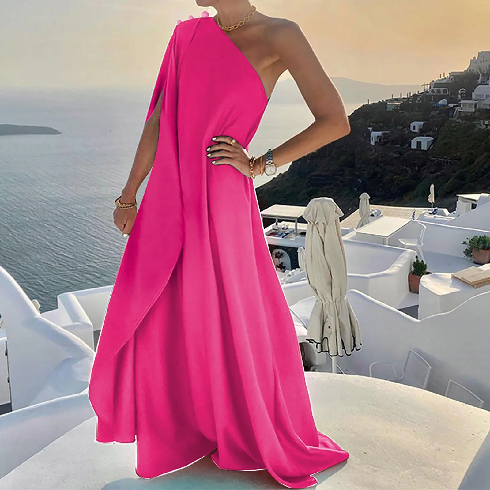 One Shoulder Pleated Maxi Dress with Relaxed Bohemian Silhouette