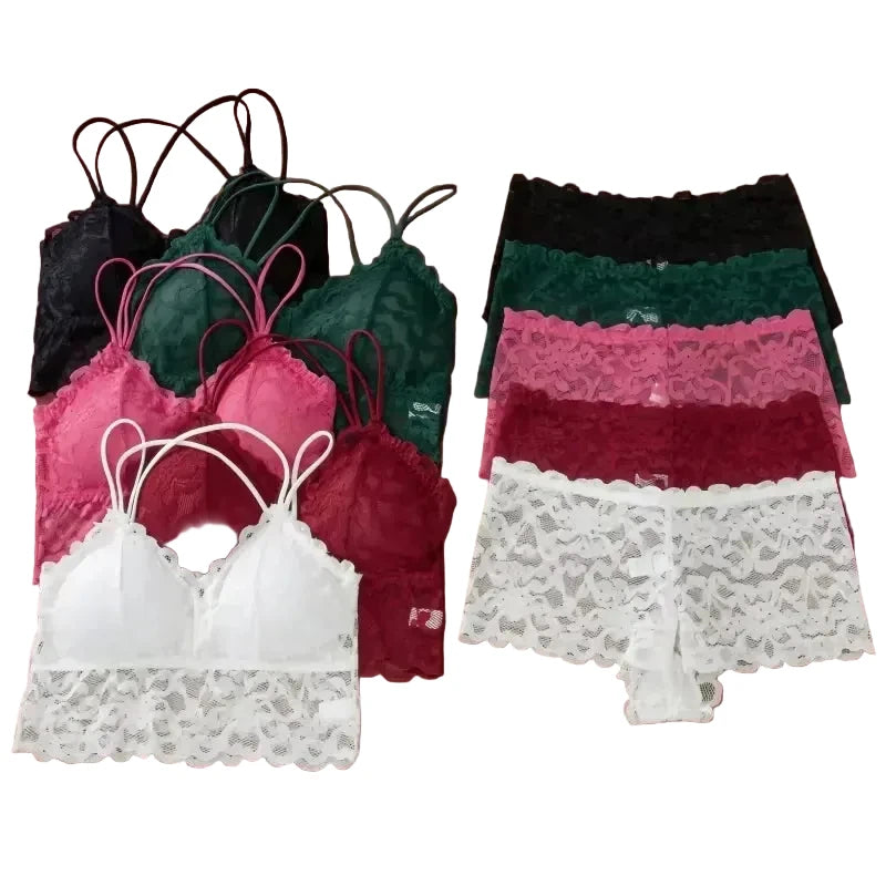 Floral Lace Longline Bralette and Coordinating Boyshort Set with Double Front Straps
