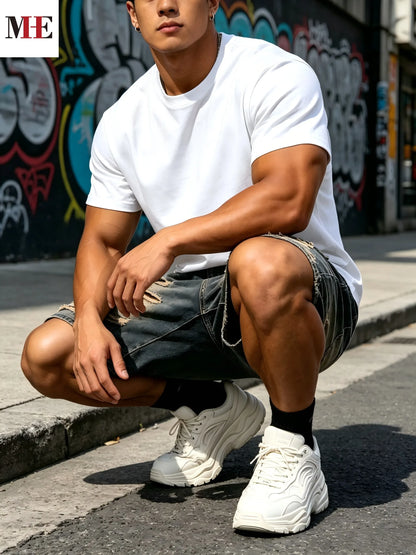 Men's Relaxed Knee Length Denim Shorts with Distressed Details and Utility Pocket Design