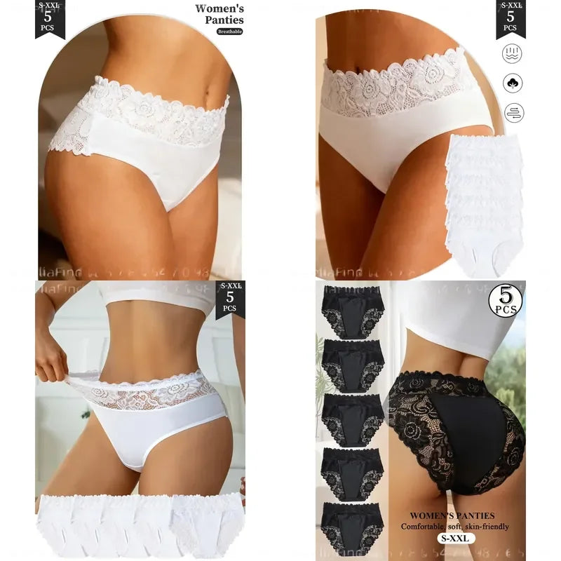 5-Piece Women’s High-Waisted Lace Briefs Set with Floral Detailing, Delicate Trim and Classic Full-Coverage Silhouette