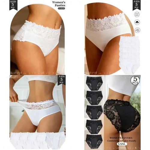 5-Piece Women’s High-Waisted Lace Briefs Set with Floral Detailing, Delicate Trim and Classic Full-Coverage Silhouette