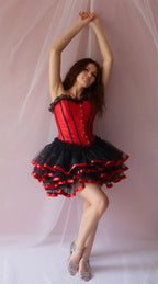 Theatrical Red and Black Striped Overbust Corset and Ruffled Tutu Skirt Set