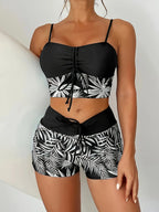 Tropical Leaf Print Two-Piece Tankini Set with Adjustable Straps and High-Waisted Shorts