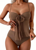 Earthy Brown Chiffon Bow Tankini Set with High-Waisted Bottoms