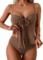 Earthy Brown Chiffon Bow Tankini Set with High-Waisted Bottoms