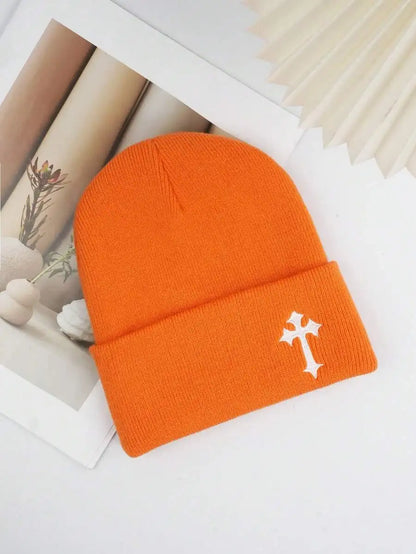 Minimalist Embroidered Cross Acrylic Knit Beanie for Modern Streetwear Winter Casual Fashion Style