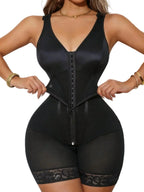 V-Neck Sculpted Bodysuit with Multi-Row Hook Closure and Sheer Leg Paneling