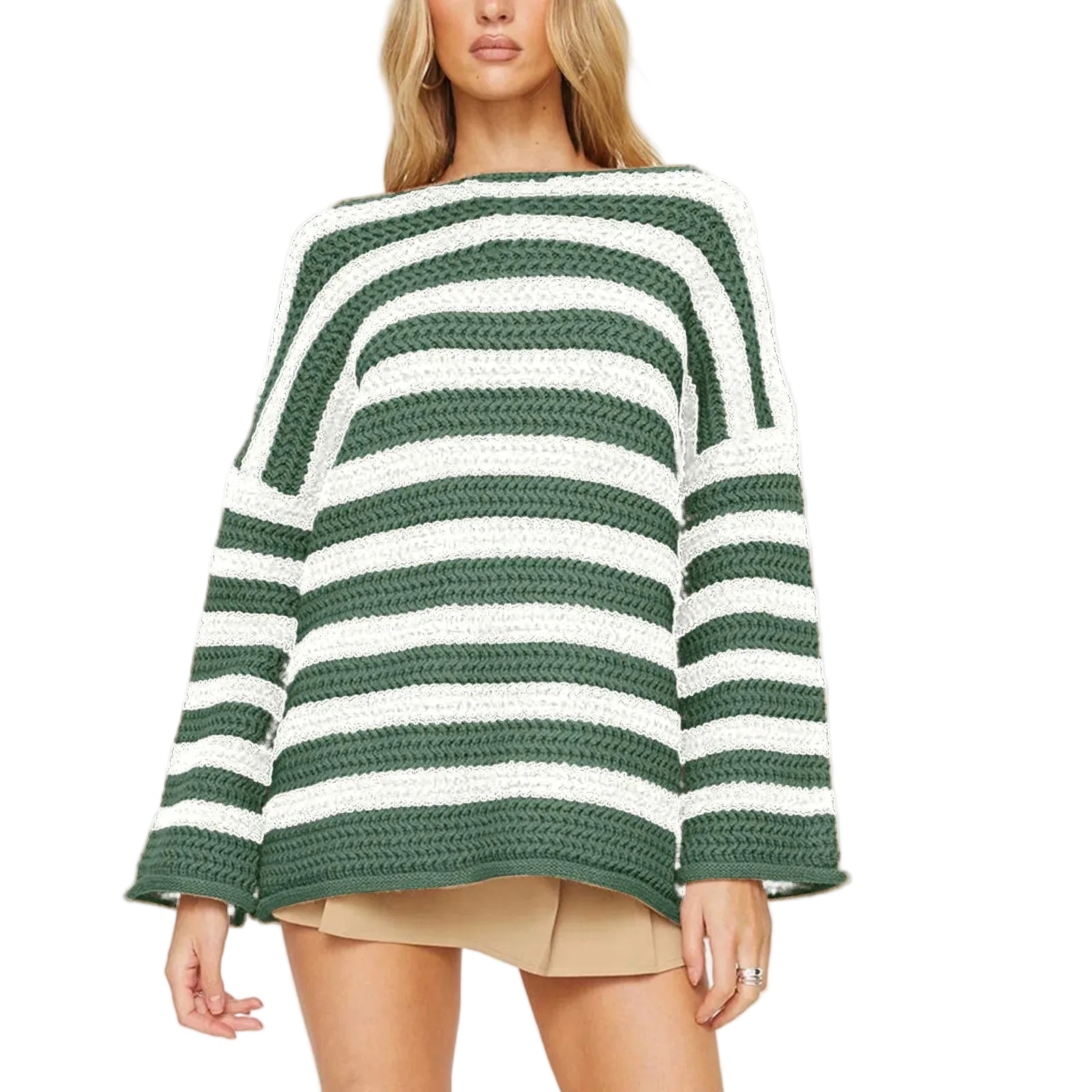 Women's Oversized Striped Crew Neck Relaxed Knit Pullover Sweater With Soft Texture