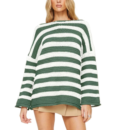 Women's Oversized Striped Crew Neck Relaxed Knit Pullover Sweater With Soft Texture