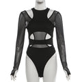Mesh Panel Cutout Bodysuit for Gothic Techwear and Alternative Fashion