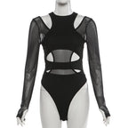 Mesh Panel Cutout Bodysuit for Gothic Techwear and Alternative Fashion