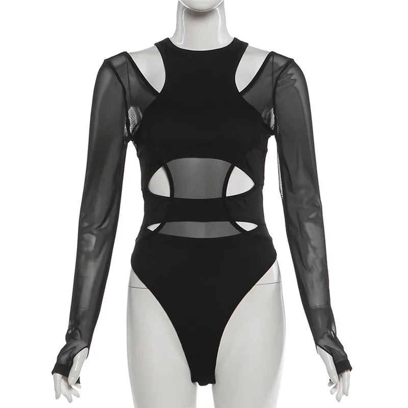 Mesh Panel Cutout Bodysuit for Gothic Techwear and Alternative Fashion