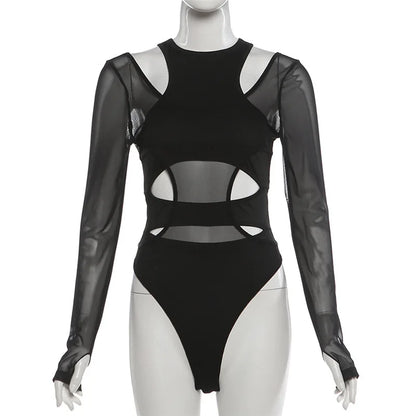 Mesh Panel Cutout Bodysuit for Gothic Techwear and Alternative Fashion