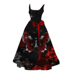 Halloween Skeleton Ribcage Print Flared Swing Dress with Waist Bow