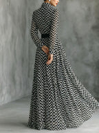 Monochromatic Chevron Print Maxi Dress with Puff Sleeves and Cinched Waist