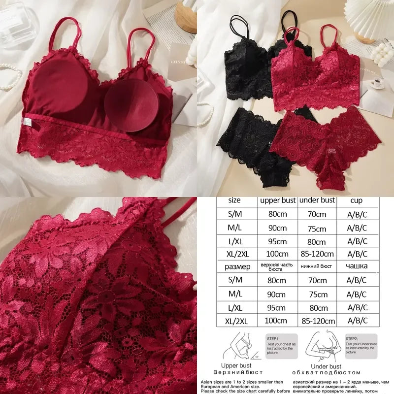Floral Embroidered Longline Bralette and Scalloped Lace Boyshort Set