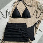 Textured Brown Three-Piece Triangle Bikini Set with Matching Ruched Skirt