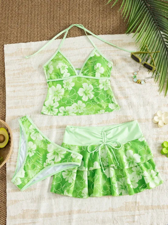 Light Blue Floral Halter Tankini Set with Tiered Ruffle Skirt