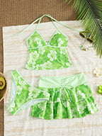 Light Blue Floral Halter Tankini Set with Tiered Ruffle Skirt