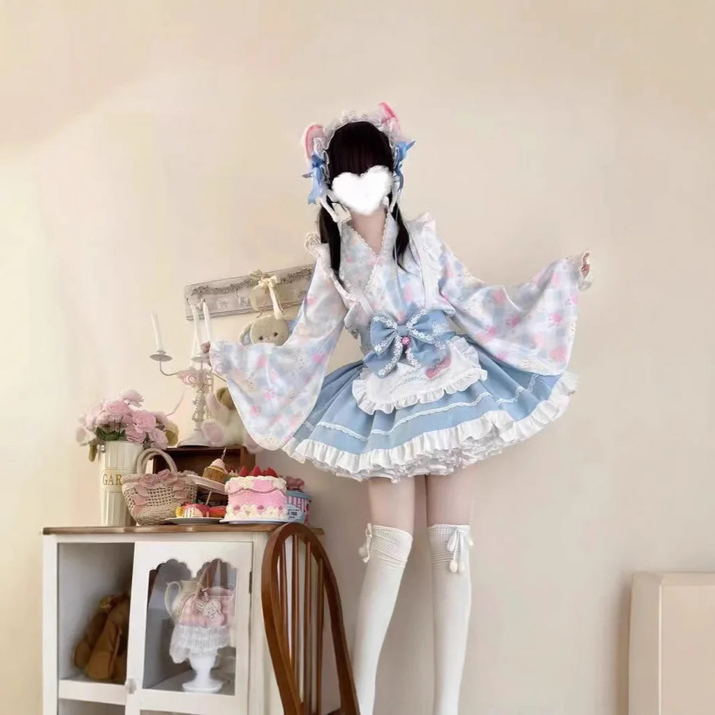 Pink Floral Wa-Lolita Maid Dress with Flowing Kimono Sleeves and Ruffled Apron