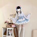 Pink Floral Wa-Lolita Maid Dress with Flowing Kimono Sleeves and Ruffled Apron