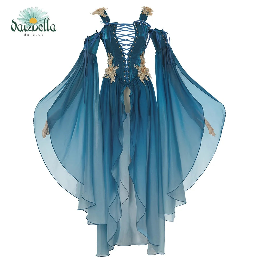 Women's Medieval-Inspired Chiffon Maxi Dress with Flowing Sleeves and Layered Skirt Design