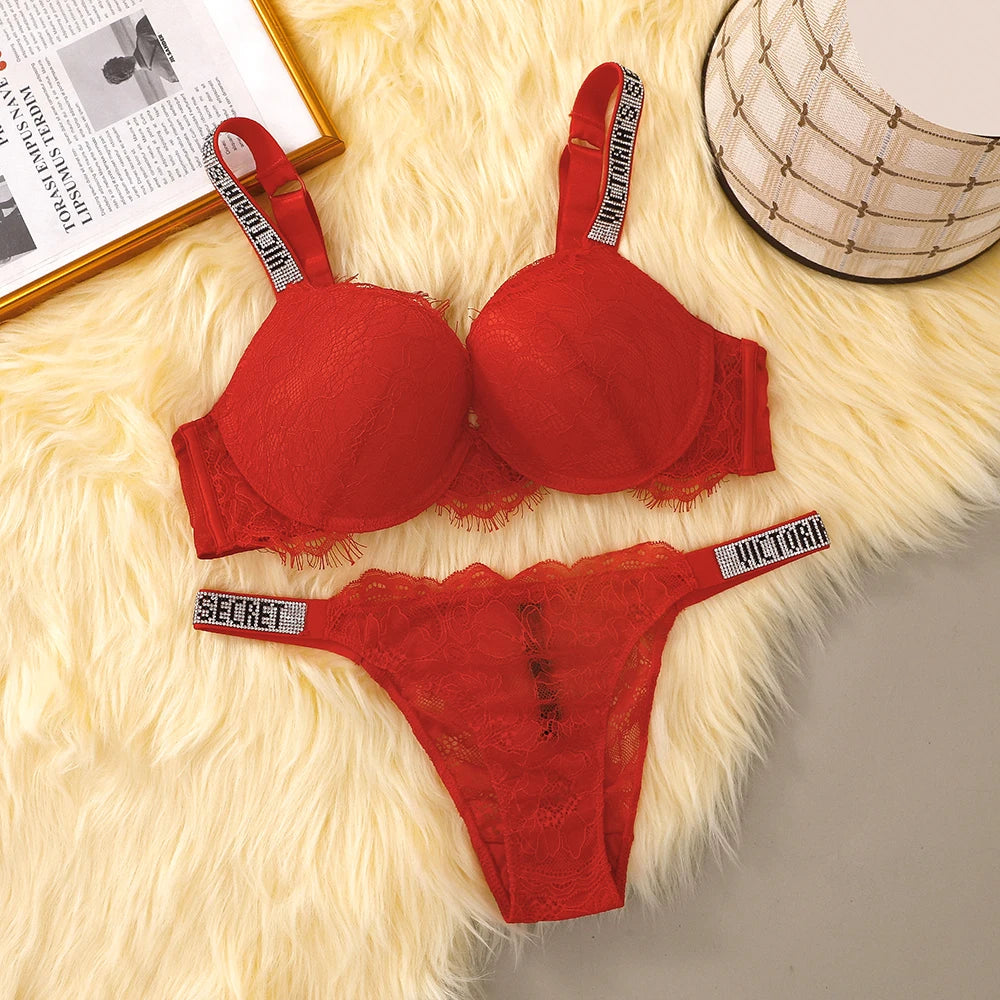 Eyelash Fringe Trim Push-Up Bra and Rhinestone Statement Thong Set