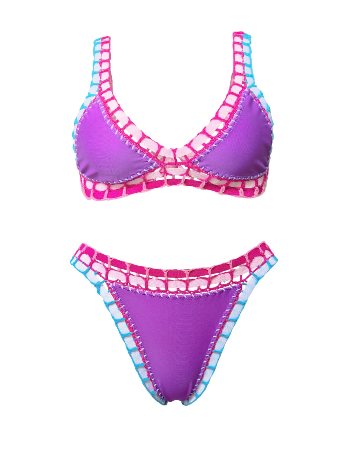 Deep Navy Scoop Neck Bikini Set with Vibrant Contrast Crochet Edging