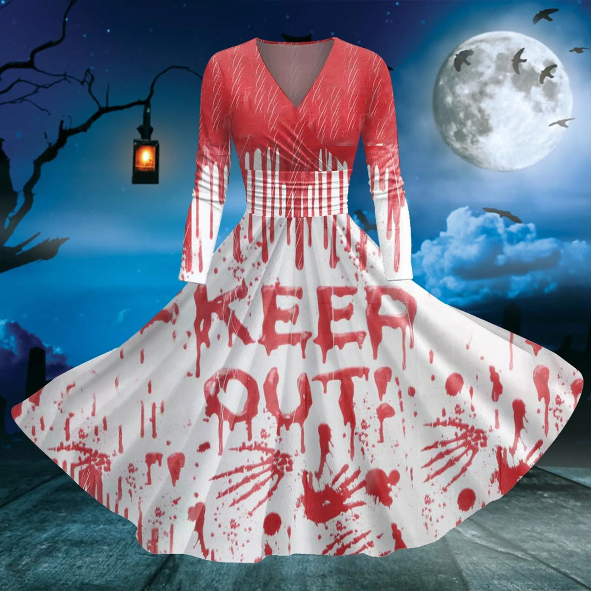 Dark Gothic Blood Print Fit and Flare Alternative Fashion Midi Dress - BigCat Streetwear