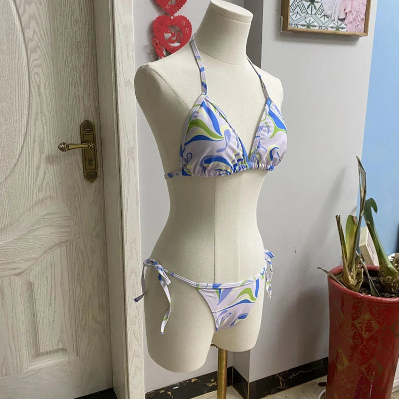 Blue and Green Abstract Swirl Print Triangle String Bikini