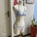 Blue and Green Abstract Swirl Print Triangle String Bikini