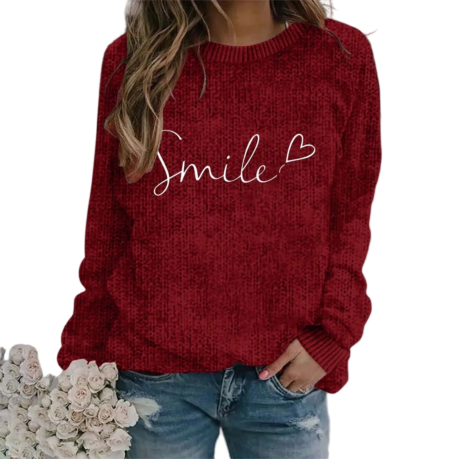 Women's Minimalist Script Graphic Crew Neck Relaxed Knit Pullover Sweater