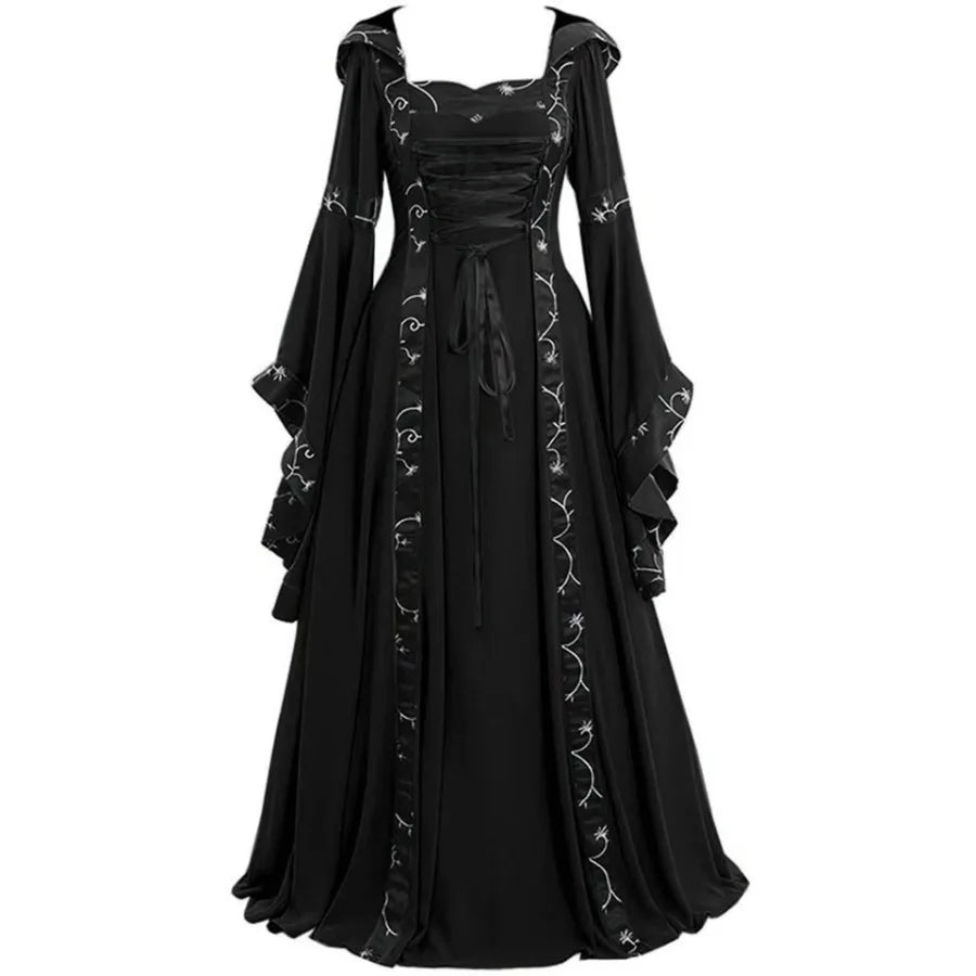 Vintage Inspired Lace-Up Gothic Princess Gown with Dramatic Sleeves