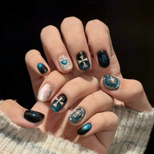 Gothic Cross Inspired Press On Nails with Alternative Statement Artwork