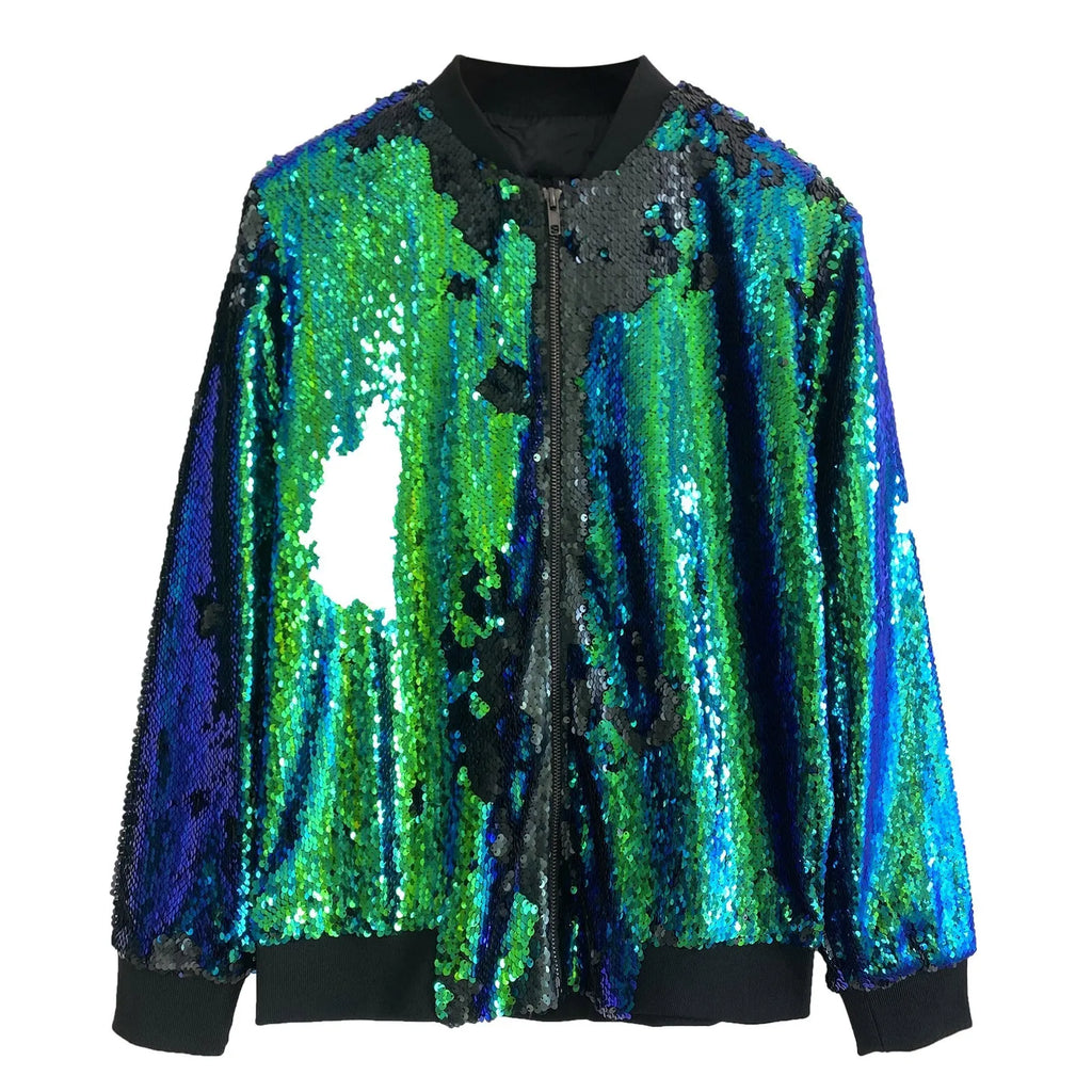 Women's Sequin Zip-Up Bomber Jacket with Contemporary Statement Streetwear Party Style