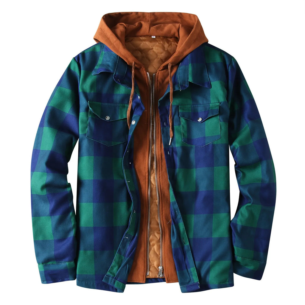 Men's Relaxed Fit Plaid Hooded Overshirt Jacket with Utility Pockets for Casual Streetwear