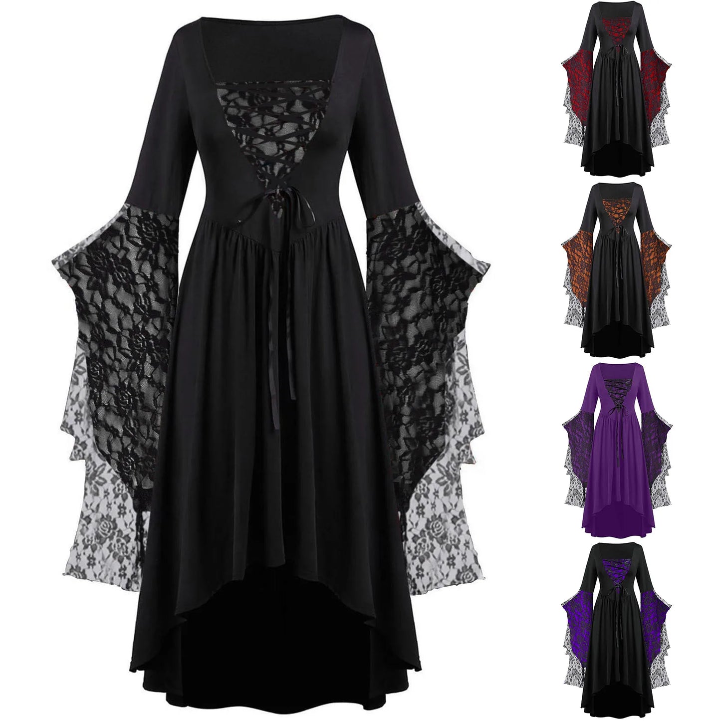 Dark Fantasy Gothic Cape Sleeve Dress with Lace Accents