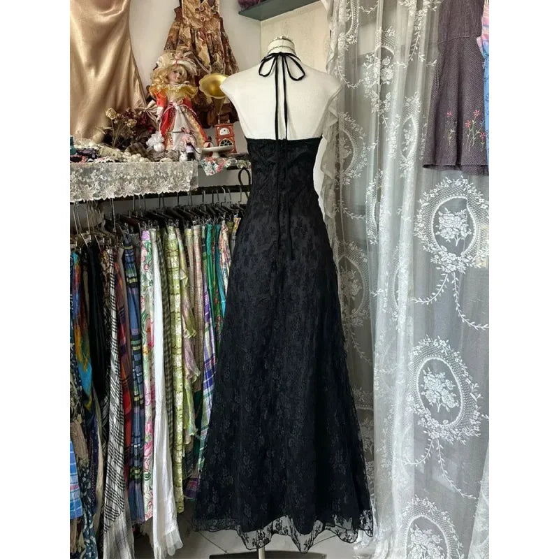 Layered Lace Gothic Maxi Dress with Elegant Alternative Fashion Styling