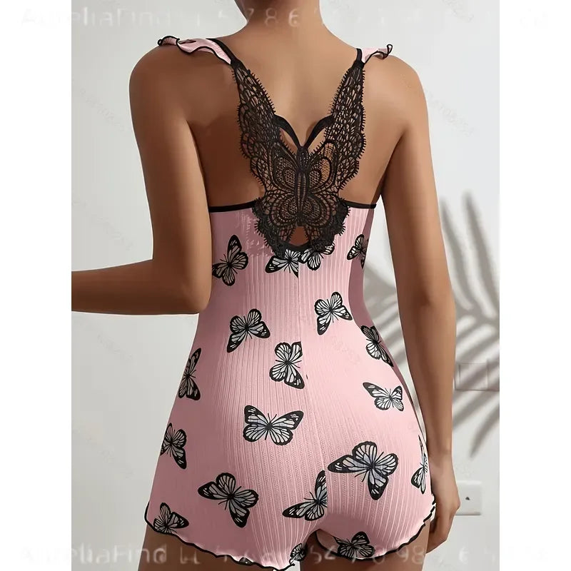 Playful Butterfly Print Sleepwear Romper with Ruffled Straps and Lace Back Detail