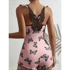 Playful Butterfly Print Sleepwear Romper with Ruffled Straps and Lace Back Detail