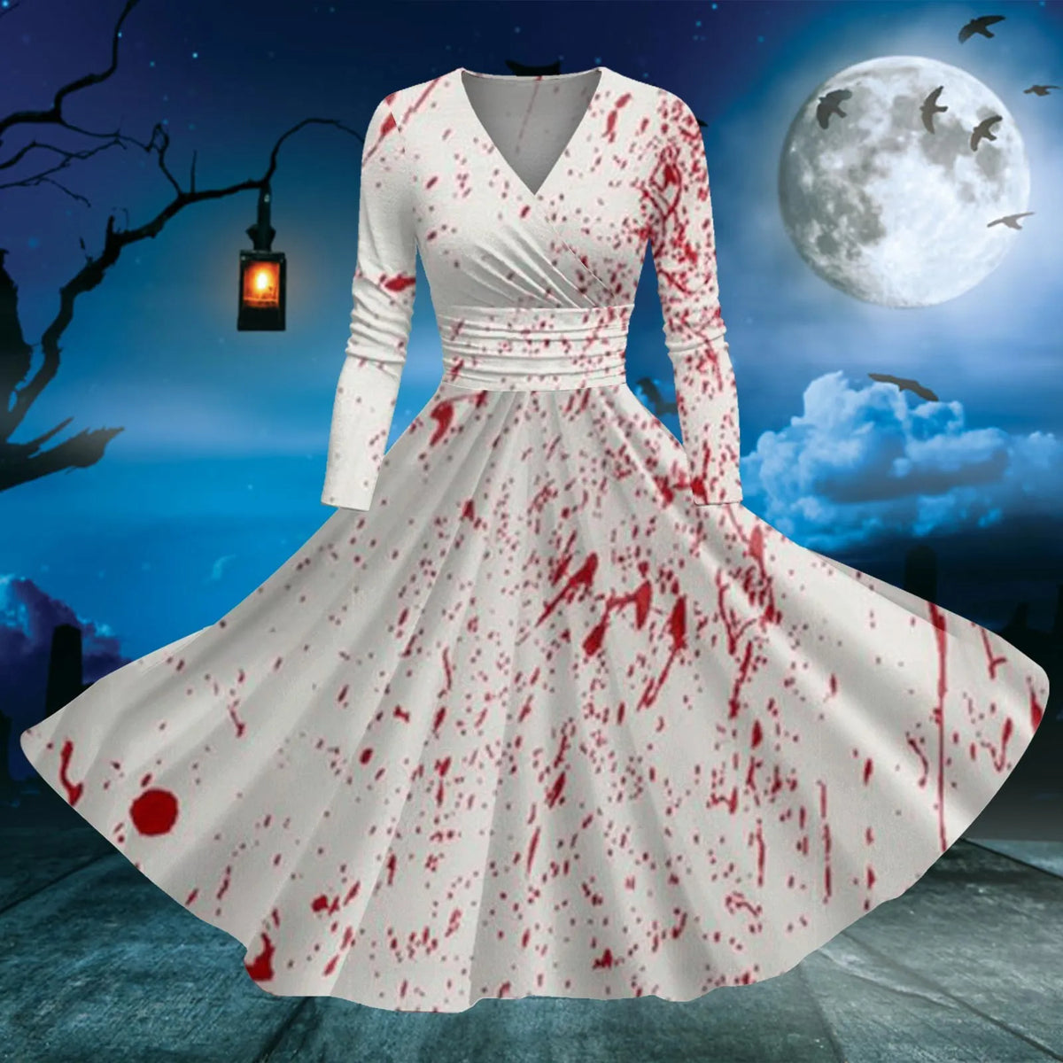 Dark Gothic Blood Print Fit and Flare Alternative Fashion Midi Dress - BigCat Streetwear