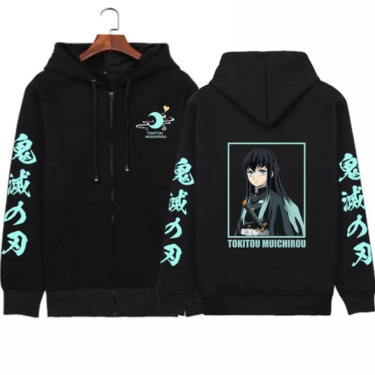 Anime-Inspired Manga Art Zip Hoodie with Retro Streetwear Graphic Design