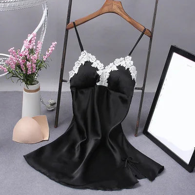 Sleek White Satin-Finish Slip Dress with Lace Appliqué and Removable Pads
