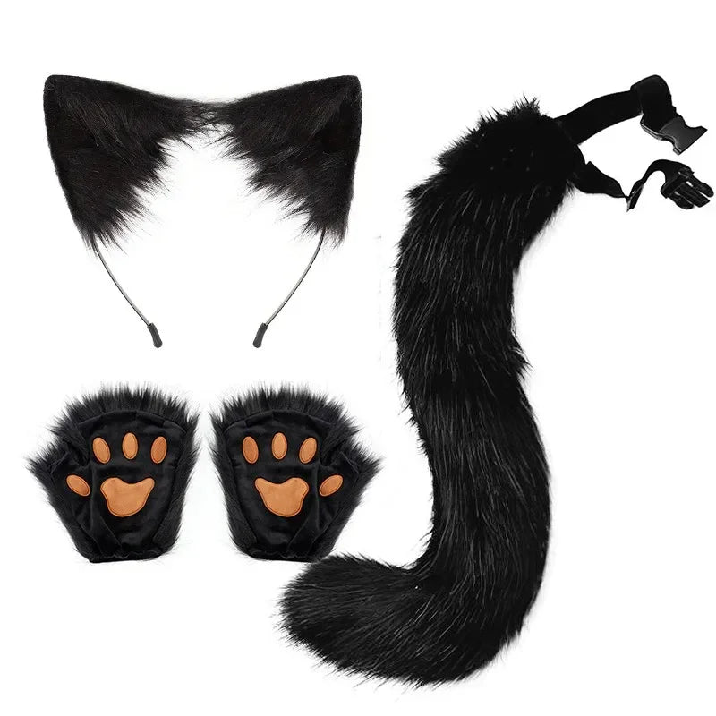 Complete Black and White Fox Maid Cosplay Set with Plush Paws, Tail, and Ear Headband